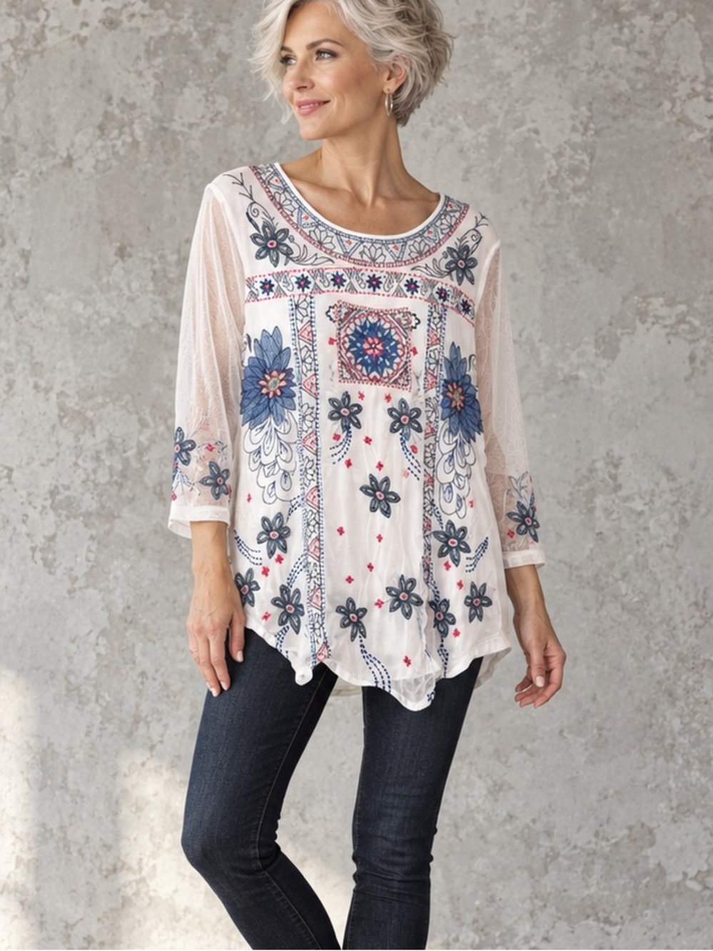 Nygard Embroidered Mesh Boho Tunic Top White Blue Pink Small